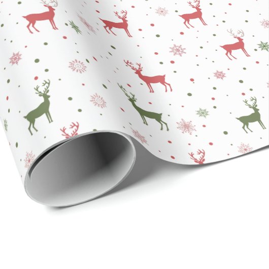 Festliche Rentiere und Schneeflocken - Rot & Grün Geschenkpapier (Rolleneckpunkt)