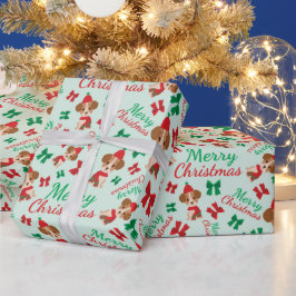 Festliche Ribbons Niedliche Hunde Weihnachtsgrün Geschenkpapier