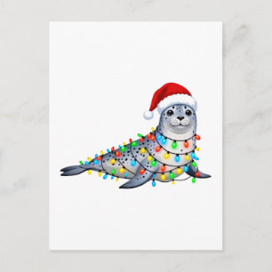Festliche Robbe bedeckt mit Weihnachtslichtern Feiertagspostkarte