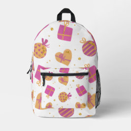 Festliche rosa und goldene Geschenkboxen und Herz- Bedruckter Rucksack