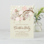 Festliche rosa Vögel und Blume Weihnachts-Party Einladung (Stehend Vorderseite)