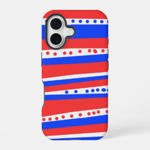 Festliche Rot-Weiß-Blau-Kreise-Streifen iPhone 16 Hülle