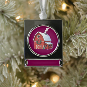 Festliche rustikale Farmhaus-Schneelandschaft rote Banner-Ornament Silber