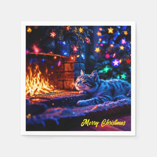 Festliche Schlafkatze farbenfrohe Liebhaber Kunst Serviette (Vorderseite)