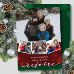 Festliche Schneeflocken Moderne Skripte REJOICE We Feiertagskarte<br><div class="desc">Festliche Schneeflocken auf Burgunder Rot und Grün Elegantes Script REJOICE Foto Collage Modern Holiday Card. Mit dieser minimalistischen und modernen Weihnachtskarte senden Sie Ihren Lieben herzliche Wünsche und Grüße. Alle Texte sind so vorbereitet,  dass Sie sie einfach und schnell mit Ihren eigenen Details personalisieren können. Gute Ferien!</div>