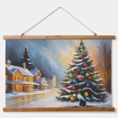 Festliche Schneehütte mit Weihnachtsbaum Wandteppich Mit Holzrahmen (Vorne)