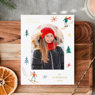 Festliche Skifahrer Foto Gold Folien Feiertagspostkarte