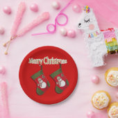 Festliche Snowman Weihnachten Strümpfe Rot Pappteller (Party)