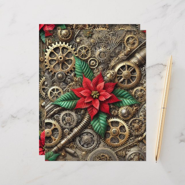 Festliche Steampunk-Rohre und -Gänse mit Poinsetti (Vorderseite/Rückseite Beispiel)