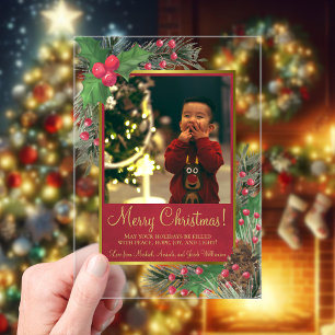 Festliche Stechpalmen- und Kiefern-Weihnachts-Foto Acryleinladungen