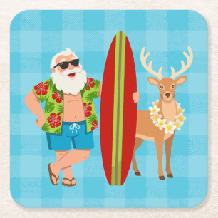 Festliche Tropen Hawaiianischer Urlaub Santa Surf Rechteckiger Pappuntersetzer
