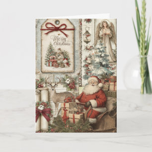 Festliche Vintage-inspirierte florale Santa-Weihna Feiertagskarte