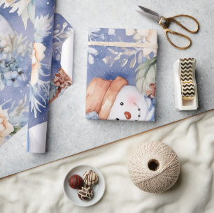 Festliche Vintage-Schneemann- & Weihnachtsblumen Geschenkpapier
