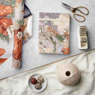Festliche Vintage-Schneemann- & Weihnachtsflorals Geschenkpapier