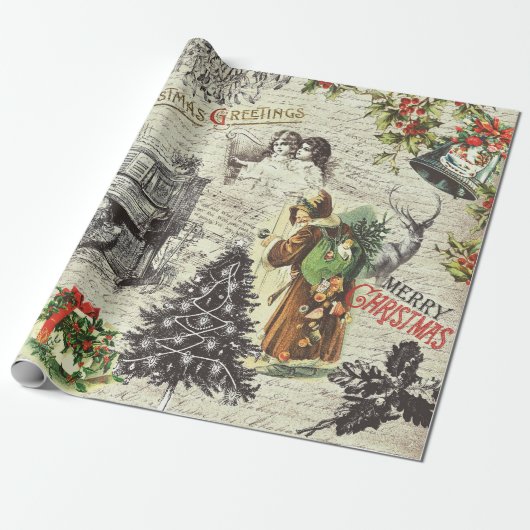 Festliche Vintage Viktorianische Weihnachten Geschenkpapier (Ungerollt)