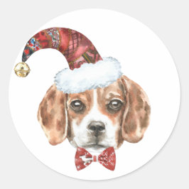 Festliche Wasserfarben Beagle Santa Happy Urlaub Runder Aufkleber