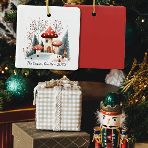 Festliche Wasserfarben Winterwald-Pilze Keramikornament