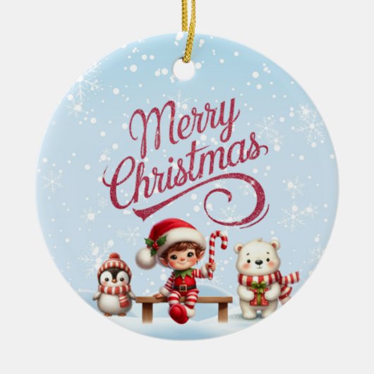 Festliche Weihnachten mit Elf, Pinguin Einladung Keramik Ornament (Vorne)