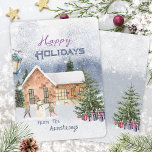 Festliche Weihnachten Snowman Kinder Happy Holiday<br><div class="desc">Mit dieser Weihnachtskarte mit Snowman & Children verbringen Sie Feiertagsstimmung. Das warme Aquarelldesign zeigt fröhliche Kinder und einen fröhlichen Schneemann vor einer schneebedeckten Kulisse, ein Winterwunderland inklusive einer gemütlichen Hütte. Es ist perfekt, um warme Wünsche zu senden und Weihnachtsfreuden zu verbreiten. Passen Sie Ihre Karte heute mit einer persönlichen Nachricht...</div>