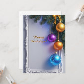 Festliche Weihnachtsbaumhäuser und Kiefernzweige Karte (Vorderseite/Rückseite Beispiel)