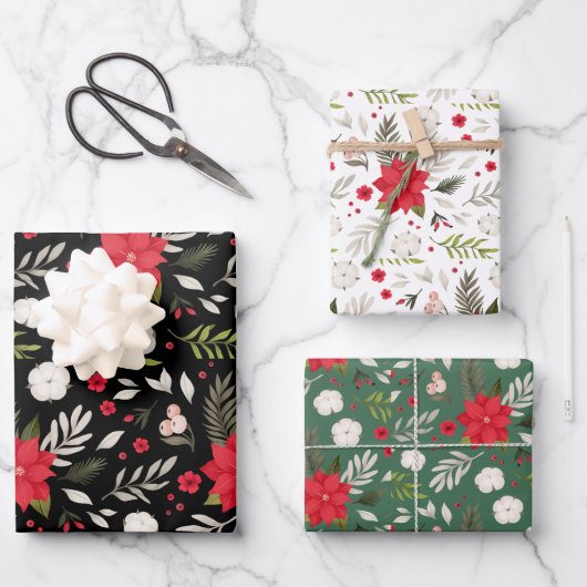 Festliche Weihnachtsblumenmuster koordiniert Geschenkpapier Set (Vorderseite)