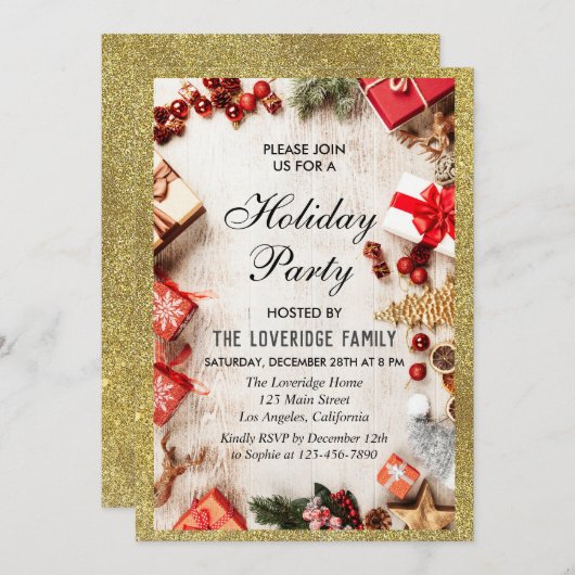 Festliche Weihnachtsfeier White Gold Glitzer Einladung (Vorne/Hinten)