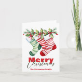 Festliche Weihnachtsgestreift Strümpfe mit Grün Karte (Vorderseite)