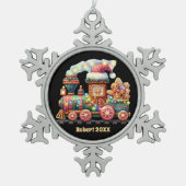 Festliche Weihnachtsgingerbäckerbahn mit Namensdat Schneeflocken Zinn-Ornament (Vorderseite)