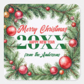 Festliche Weihnachtsgrüße von Pine Garland Quadratischer Aufkleber (Vorderseite)