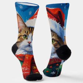 Festliche Weihnachtskatze in Santa-Mütze Socken