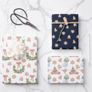 Festliche Weihnachtskranzbäume und Lebkuchen Geschenkpapier Set