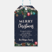 Festliche Weihnachtslichter Kiefernäste schneeblau Geschenkanhänger (Vorderseite)