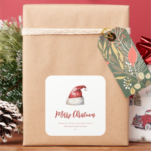 Festliche Weihnachtsmannmütze Quadratischer Aufkleber (Feiertag)