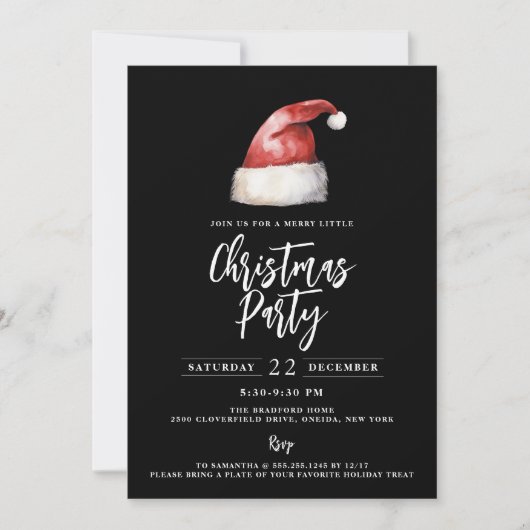 Festliche Weihnachtsmannmütze Schwarzes Weihnachts Einladung (Vorderseite)