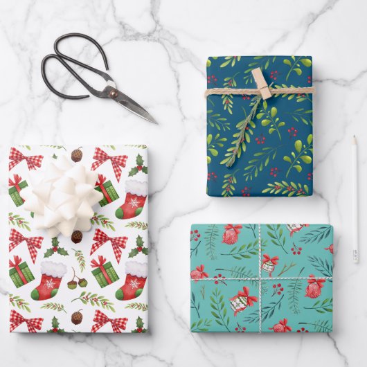 Festliche Weihnachtsschmuck und Zweige Wasserfarbe Geschenkpapier Set (Vorderseite)