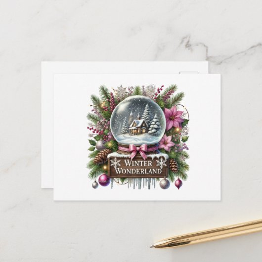 Festliche Weihnachtswunder - Schneekugel Feiertagspostkarte (Vorderseite/Rückseite Beispiel)