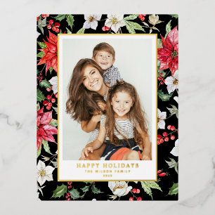 Festliche Winter Blume Muster Schwarzes Foto Folien Feiertagspostkarte