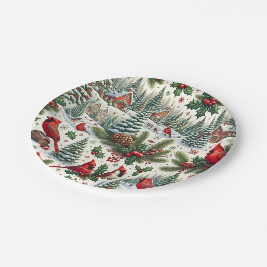 Festliche Winter-Kardinal Papierplatte Pappteller (Schrägansicht)