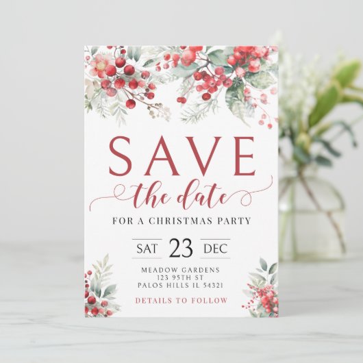 Festliche Winterbeeren Save the Date Weihnachten Einladung (Stehend Vorderseite)