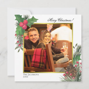 Festliche Winterfolien Holly Berries & Pine Foto Feiertagskarte