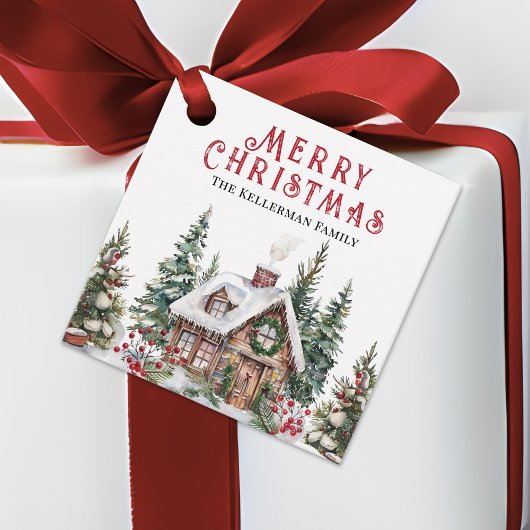 Festliche Winterhütte Wasserfarben Weihnachten Geschenkanhänger