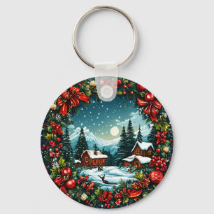 Festliche Winterhüttenszene mit Weihnachtskranz Schlüsselanhänger