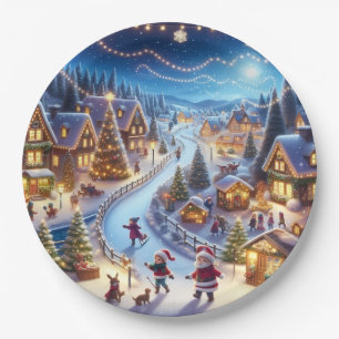 Festliche Winternacht im Weihnachtsdorf Pappteller