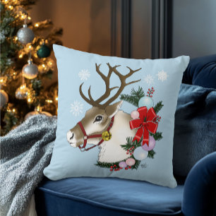 Festlicher blauer Weihnachts-Rentier-Kranz Kissen