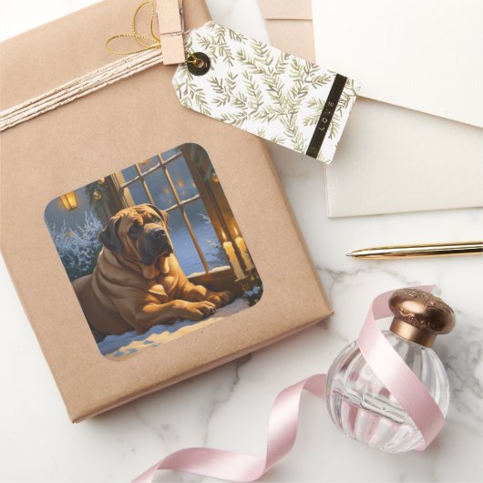 Festlicher Bullmastiff mit Weihnachtsbeleuchtung U Quadratischer Aufkleber (Schenken)