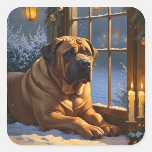 Festlicher Bullmastiff mit Weihnachtsbeleuchtung U Quadratischer Aufkleber (Vorderseite)