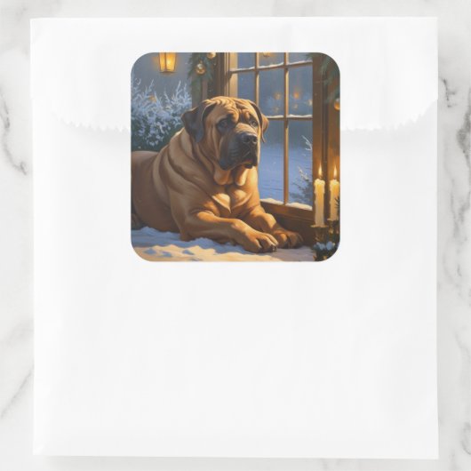 Festlicher Bullmastiff mit Weihnachtsbeleuchtung U Quadratischer Aufkleber (Tasche)
