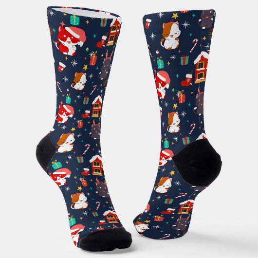 Festlicher Cartoon Santa Cat Feier Socken (Gewinkelt)