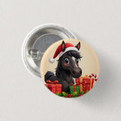 Festlicher Cartoon Schwarzes Pferd mit Weihnachtsm Button (Vorne & Hinten)