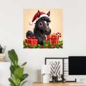 Festlicher Cartoon Schwarzes Pferd mit Weihnachtsm Poster (Heimbüro)